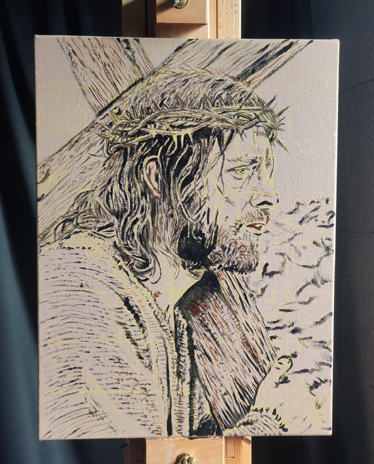 A work in progress picture of an oil painting shows Jesus Christ bearing the cross,by Martin Buckwell
