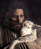 Original oil painting of Jesus with the lost sheep, 50 × 60 cm on linen-treated canvas by Martin Buckwell.