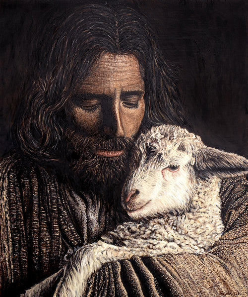 Original oil painting of Jesus with the lost sheep, 50 × 60 cm on linen-treated canvas by Martin Buckwell.