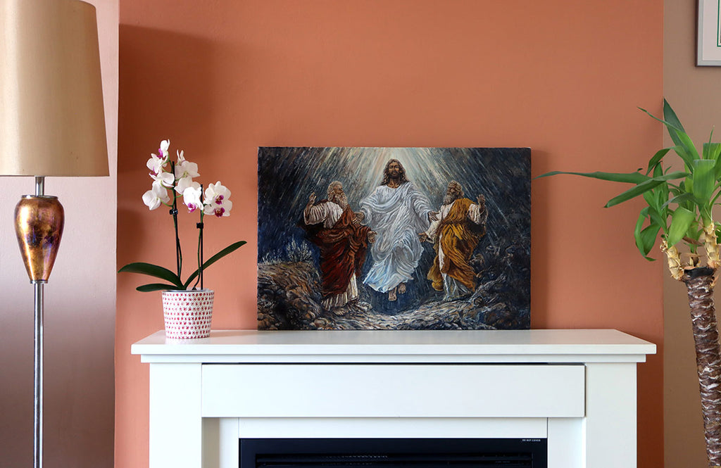 A real photograph of the original Transfiguration of Jesus oil painting displayed on a mantlepiece, shown for context of size