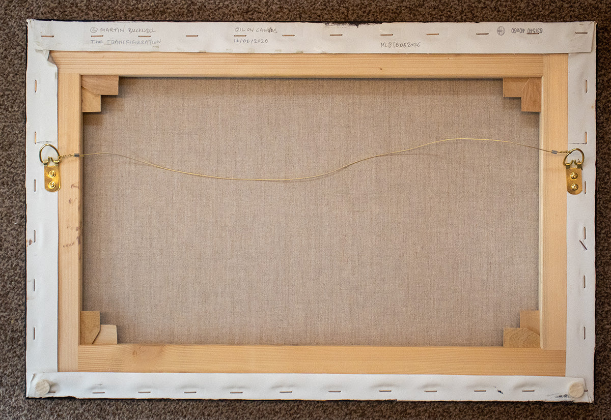 A picture of the back of Jesus Transfiguration painting canvas with hangers and written title by Martin Buckwell