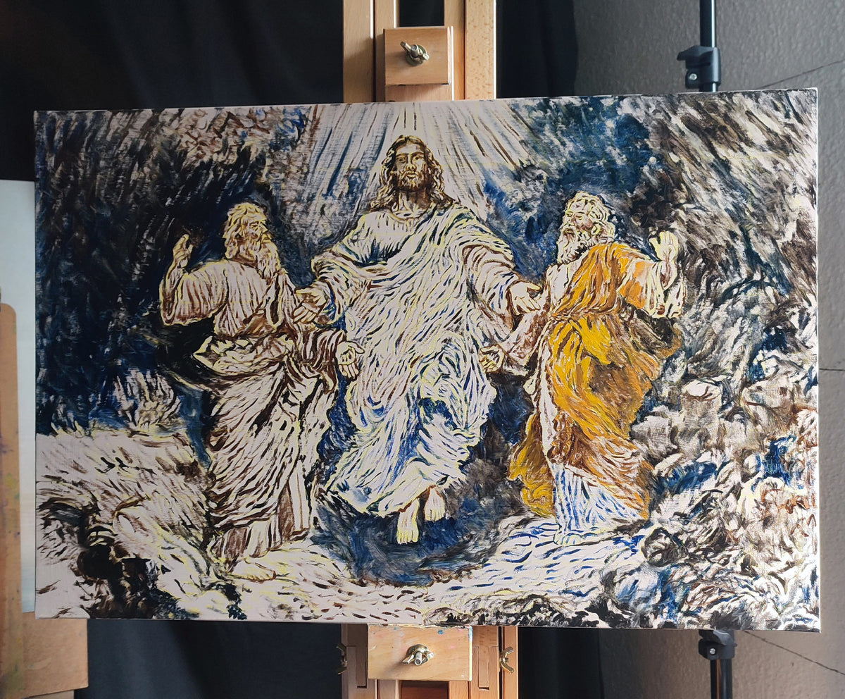 A painting in process picture of the Transfiguration of Jesus, 60 × 40 cm oil painting by Martin Buckwell