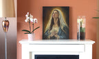 An original painting of a young Virgin Mary, the mother of Jesus set on a mantlepiece for context and scale reference