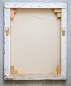 A picture of the back of The Virgin Mary painting canvas with hangers and written title by Martin Buckwell