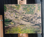 A picture of my painting process for an original oil painting of my daughter filling a bottle of water from a waterfall in the mountains, in Bulgaria, by Martin Buckwell