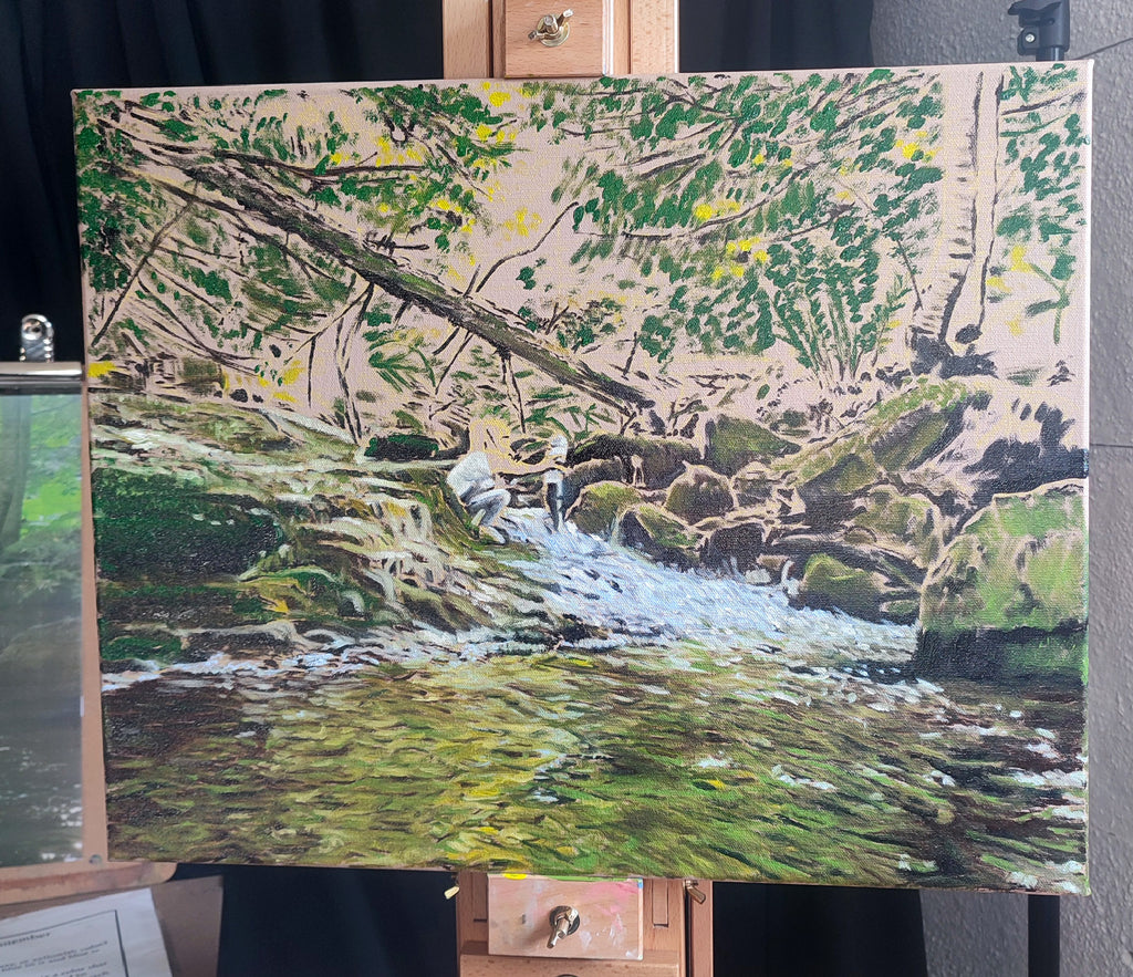 A picture of my painting process for an original oil painting of my daughter filling a bottle of water from a waterfall in the mountains, in Bulgaria, by Martin Buckwell