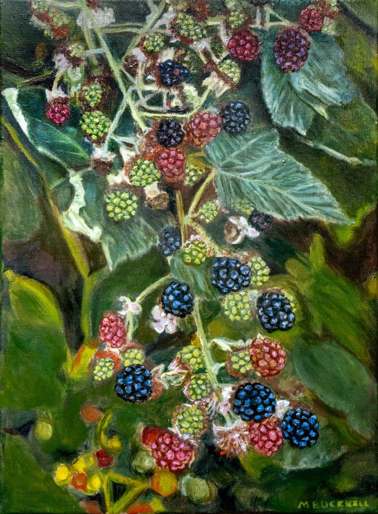 Original oil painting of blackberries, fruit of the spirit, 30 × 40 cm on linen-treated canvas by Martin Buckwell.