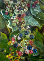 Original oil painting of blackberries, fruit of the spirit, 30 × 40 cm on linen-treated canvas by Martin Buckwell.