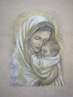 An exploration sketch in coloured pencil of a young Virgin Mary holding the baby Jesus by Martin Buckwell