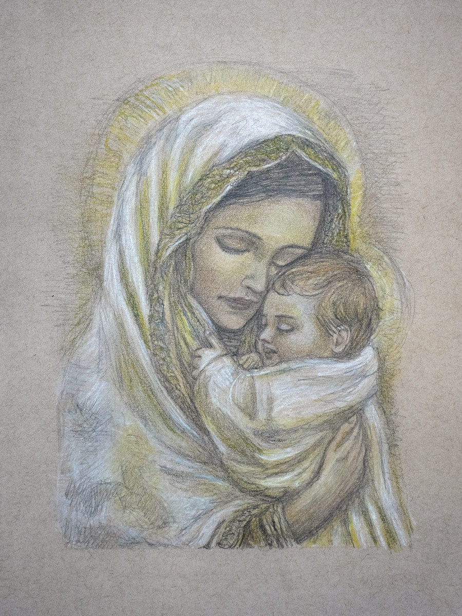 An exploration sketch in coloured pencil of a young Virgin Mary holding the baby Jesus by Martin Buckwell