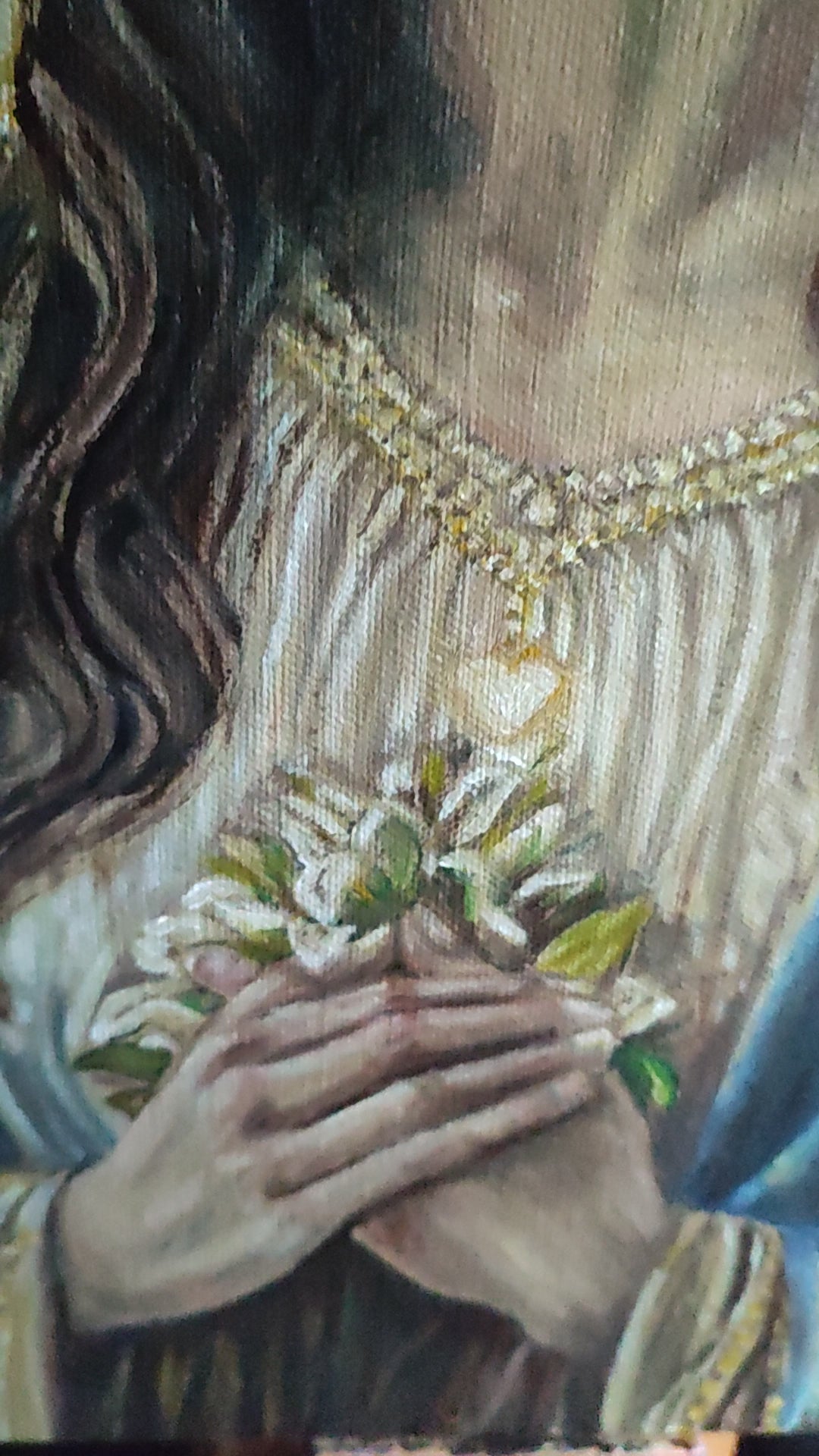A video of a pan across an original painting of a young Virgin Mary, the mother of Jesus by Martin Buckwell
