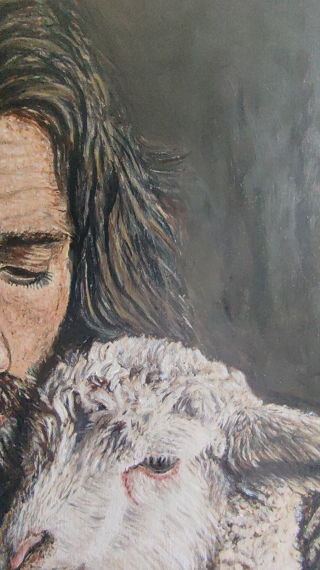 A video of my painting process, for an Original oil painting of Jesus with the lost sheep, 50 × 60 cm on linen-treated canvas by Martin Buckwell.