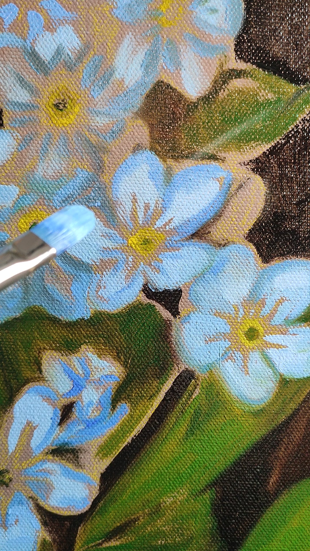 An video of me painting a study of light blue forget-me-not flowers. Oil on canvas by Martin Buckwell