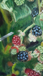 short video of my painting process for an original oil painting of blackberries, fruit of the spirit, 30 × 40 cm on linen-treated canvas by Martin Buckwell.