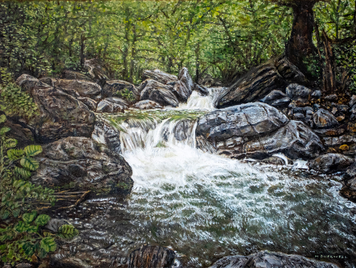 An original oil painting of a secret waterfall I found in 2020, whilst living in the Rhodopi mountains in Bulgaria, by Martin Buckwell