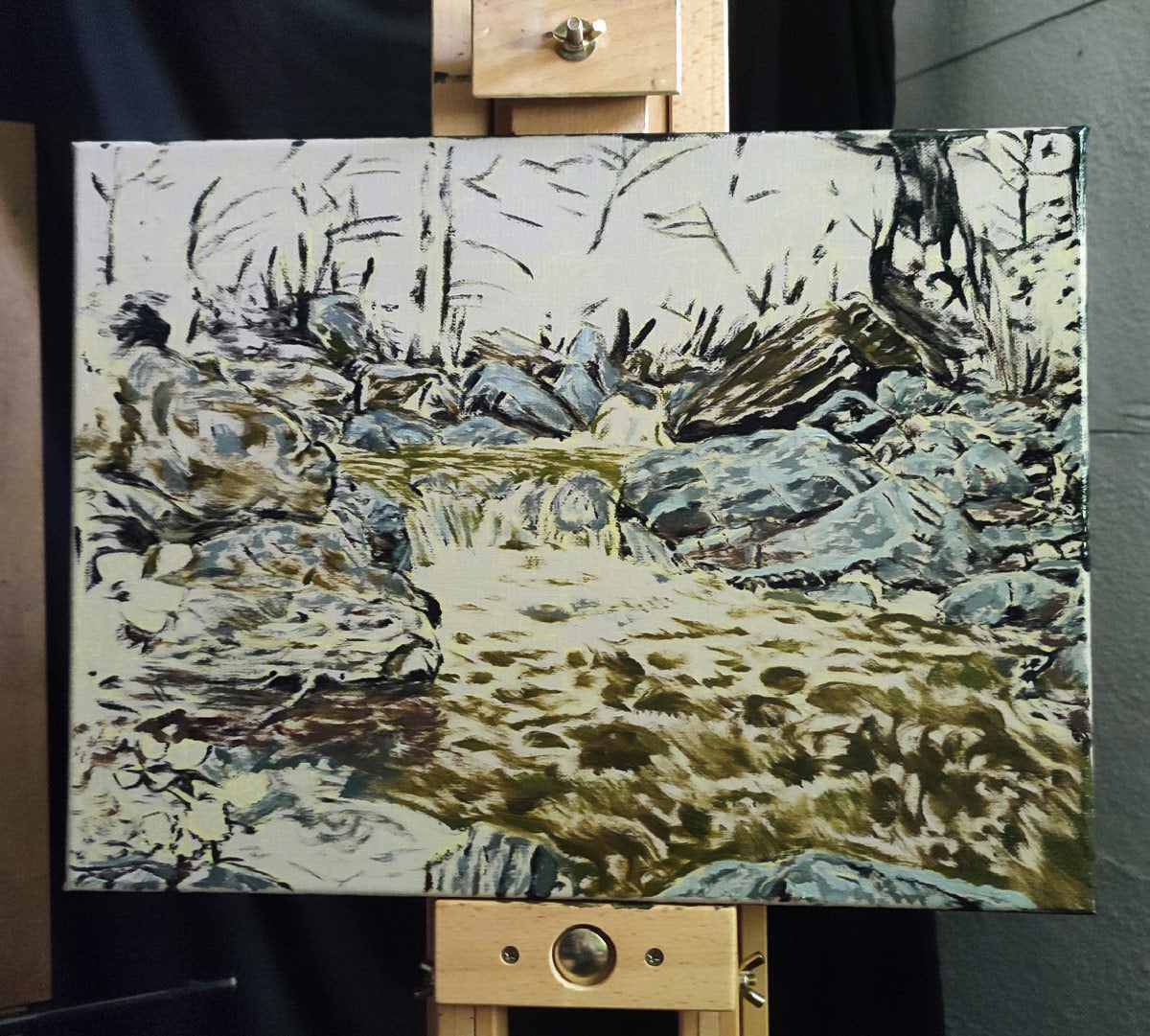 A picture of my painting process for The secret waterfall by Martin Buckwell